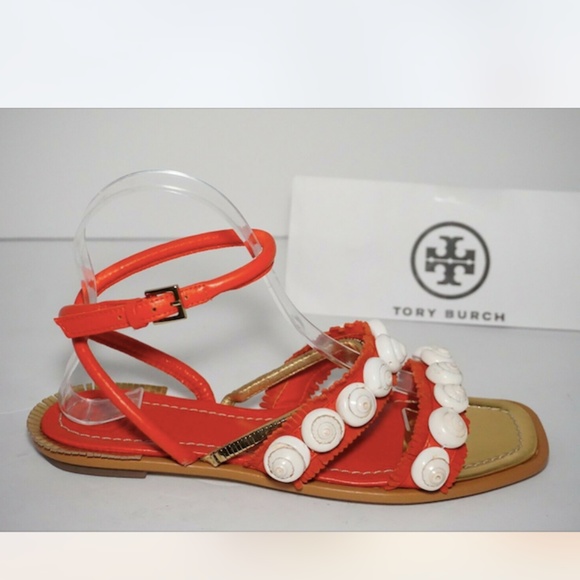 🆕TORY BURCH Ankle Wrap Flats Embellished Orange - Picture 7 of 8